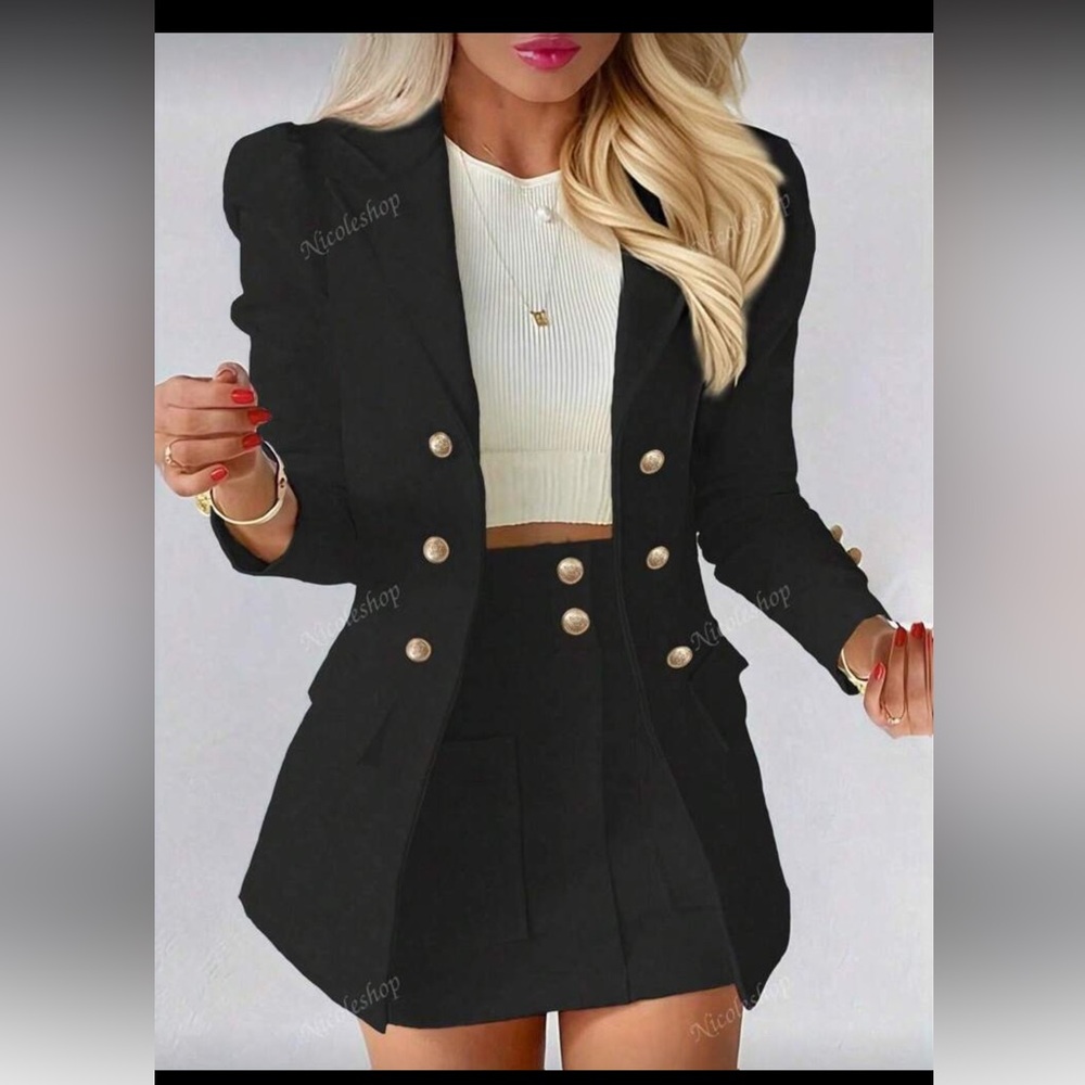 Black Blazer and Skirt Set with Gold Buttons